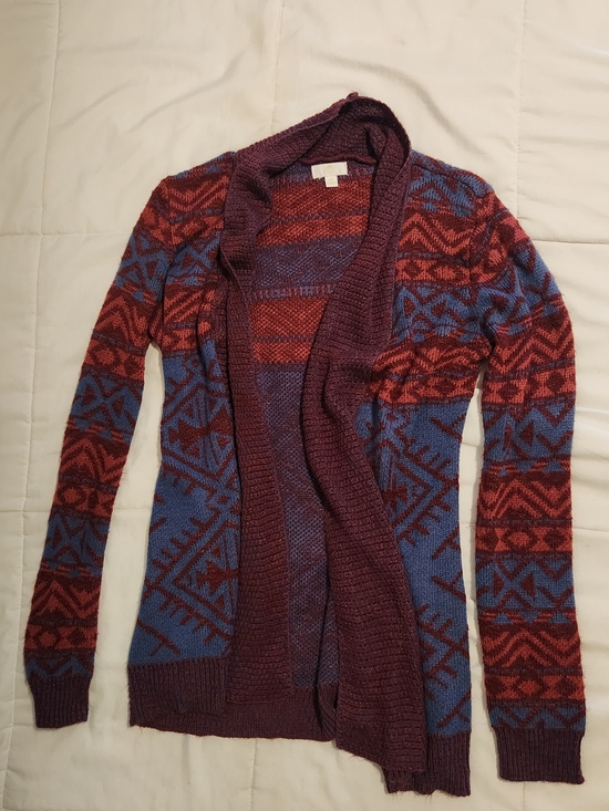 Charming Charlie Sweaters - Charming Charlie Open-Front Geometric Cardigan in Blue and Burgundy